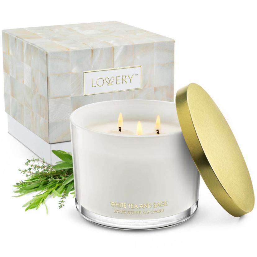 Deluxe White Tea & Sage Candle Gift Set, 3 Wick Aromatherapy Candles