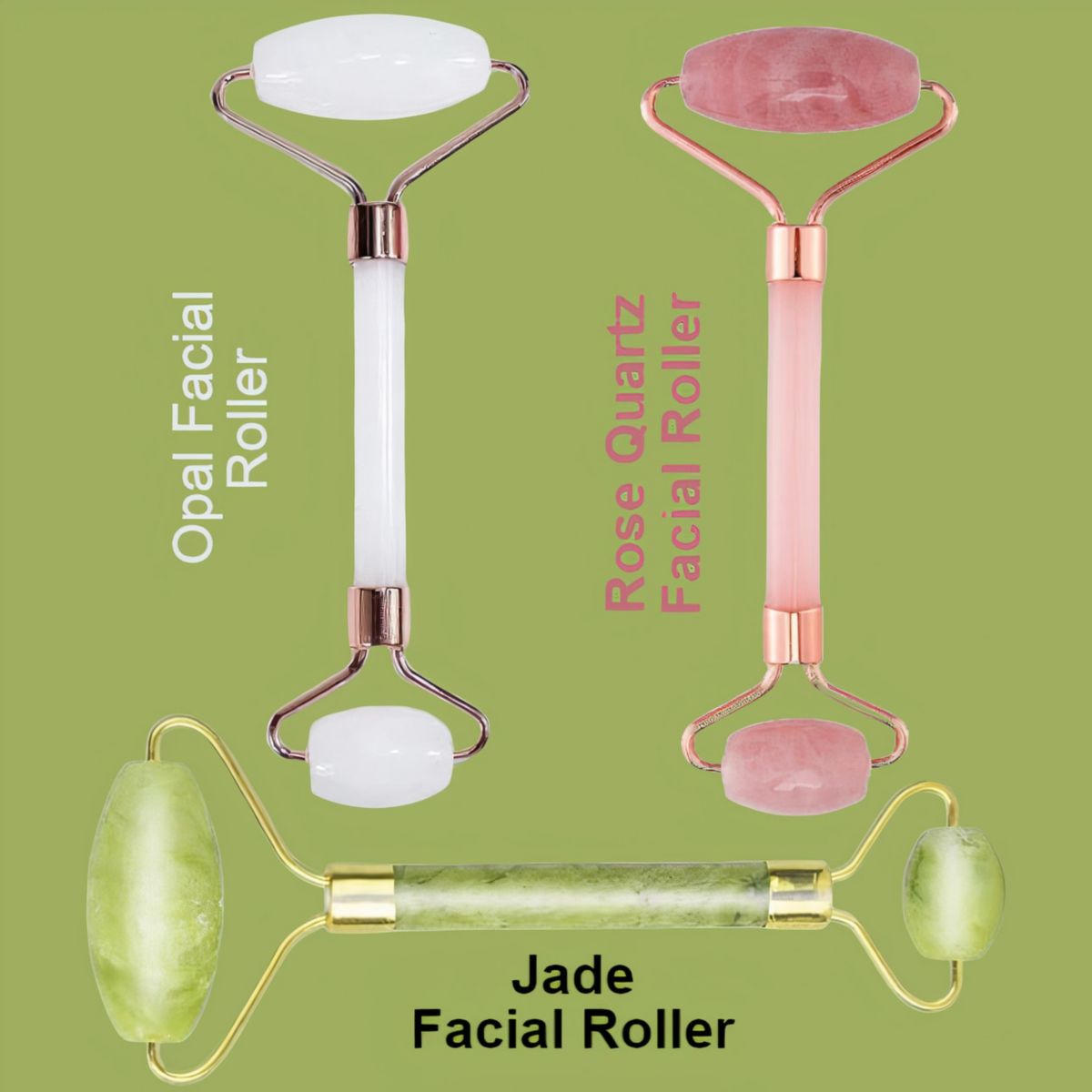 3 Pack of Rose Quartz Facial Roller, Jade Beauty Roller and Opal Anti-Aging Roller