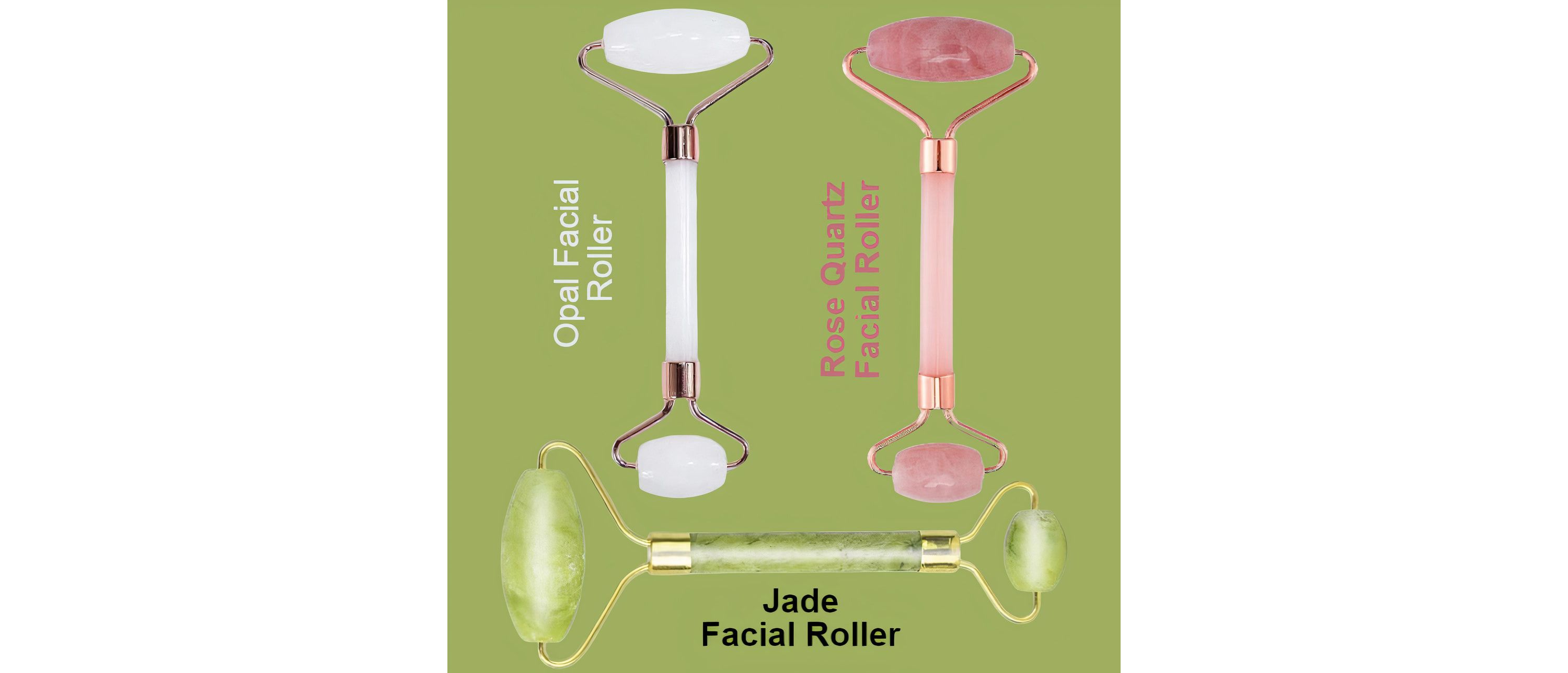 3 Pack of Rose Quartz Facial Roller, Jade Beauty Roller and Opal Anti-Aging Roller