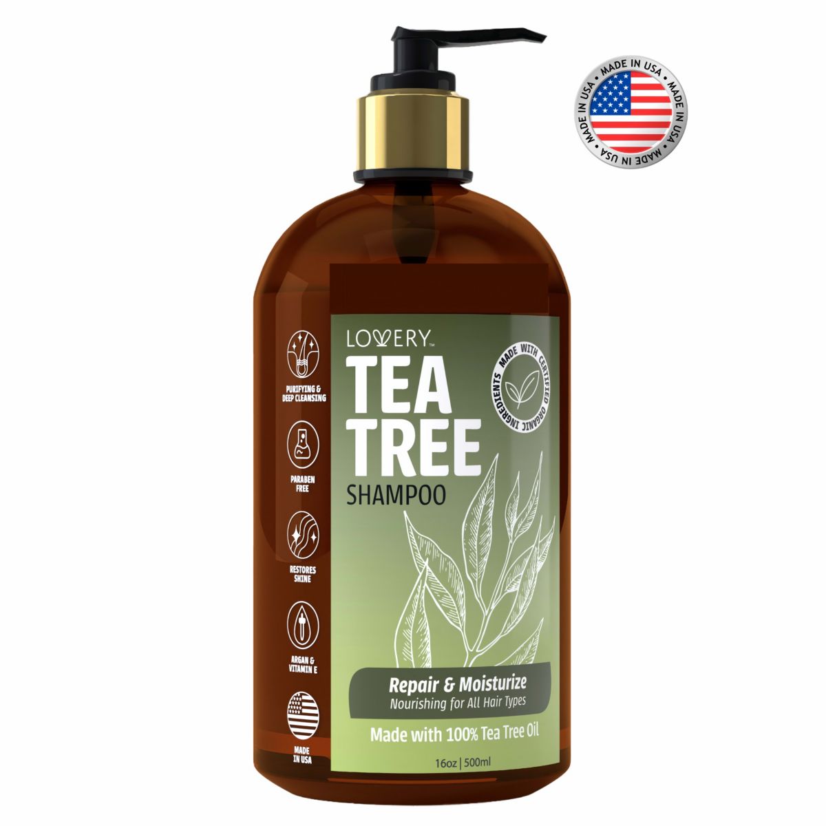 Tea Tree Shampoo, Made in USA, 16 oz.