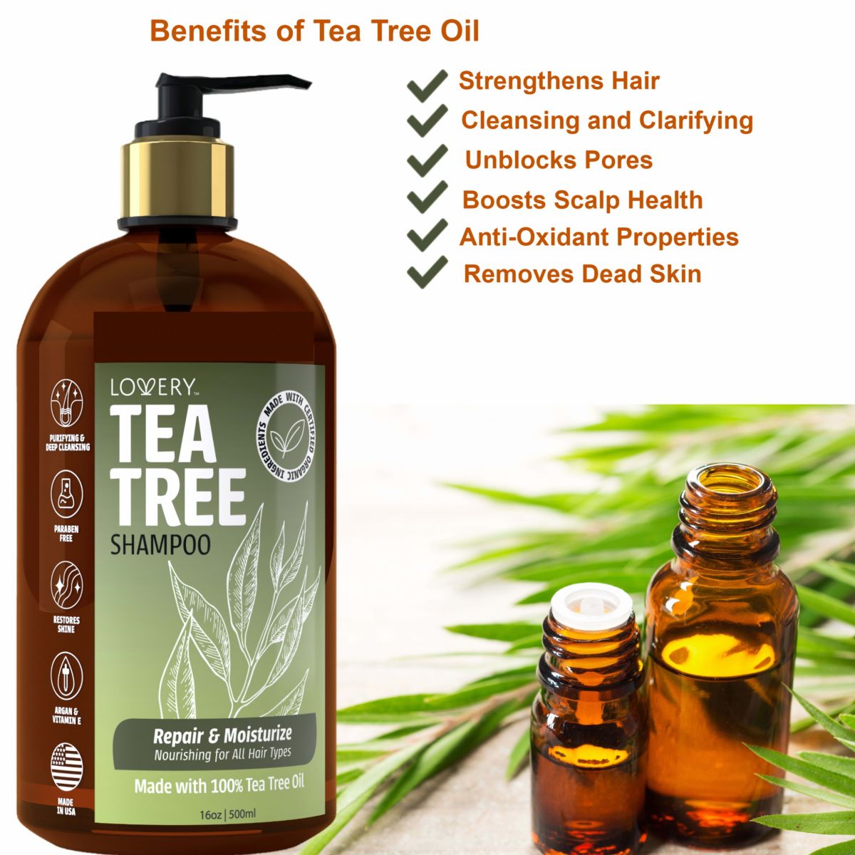 Tea Tree Shampoo, Made in USA, 16 oz.