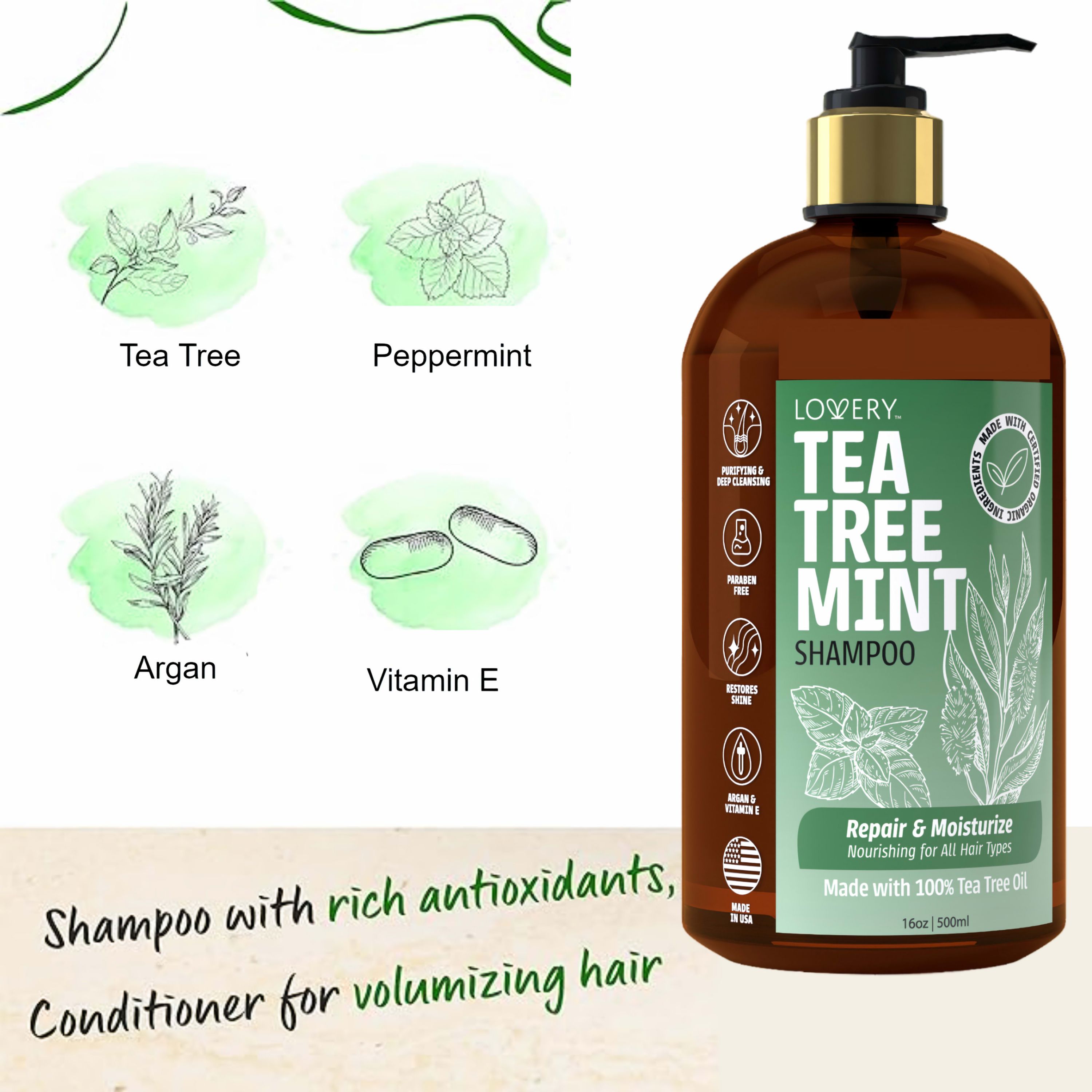 Tea Tree Mint Shampoo, Made in USA, 16 oz.