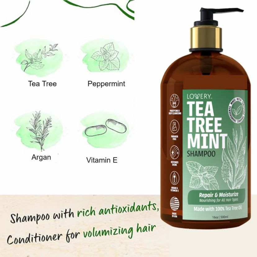 Tea Tree Mint Shampoo, Made in USA, 16 oz.