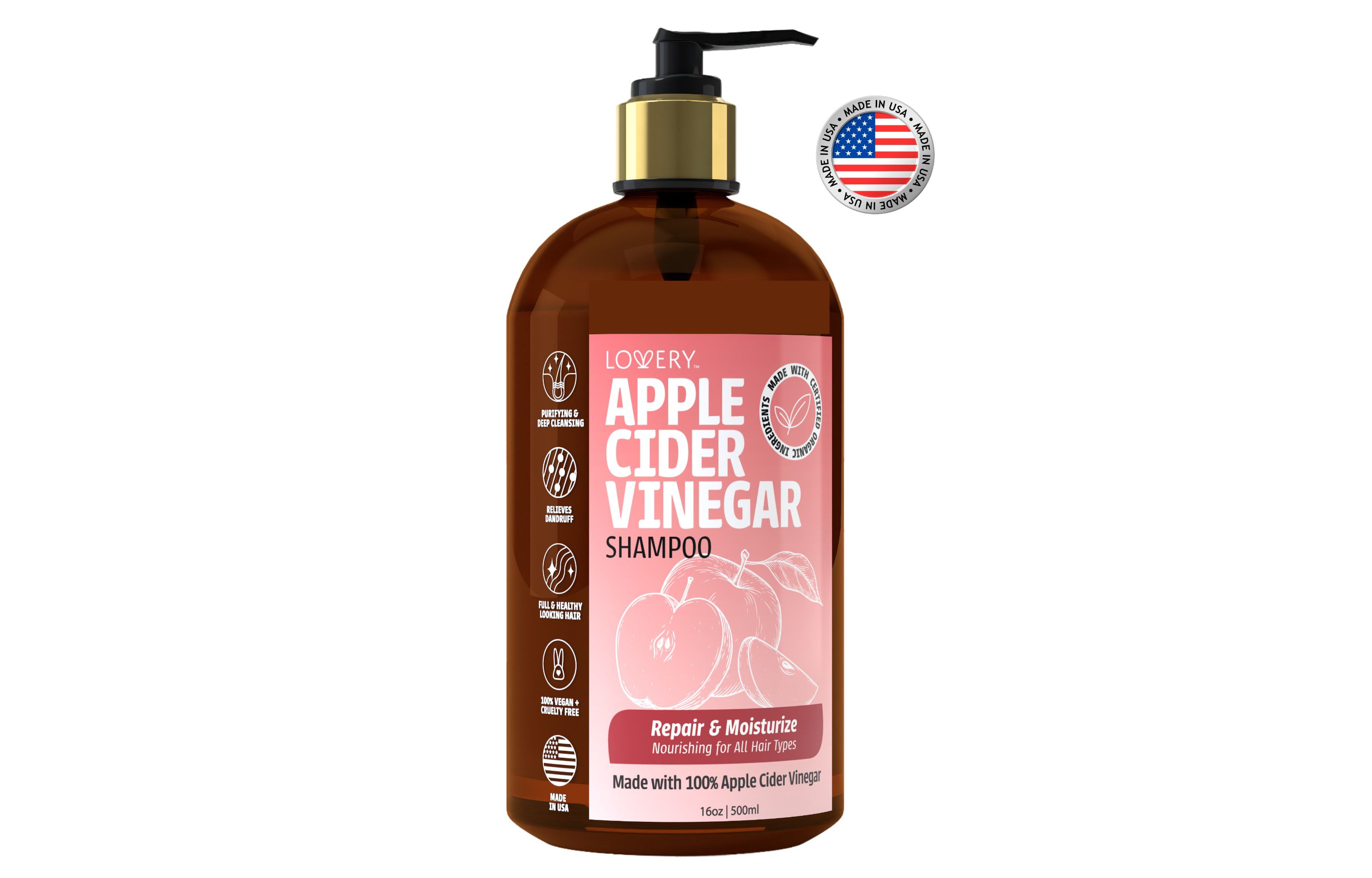 Apple Cider Vinegar Shampoo, Made in USA, 16 oz.