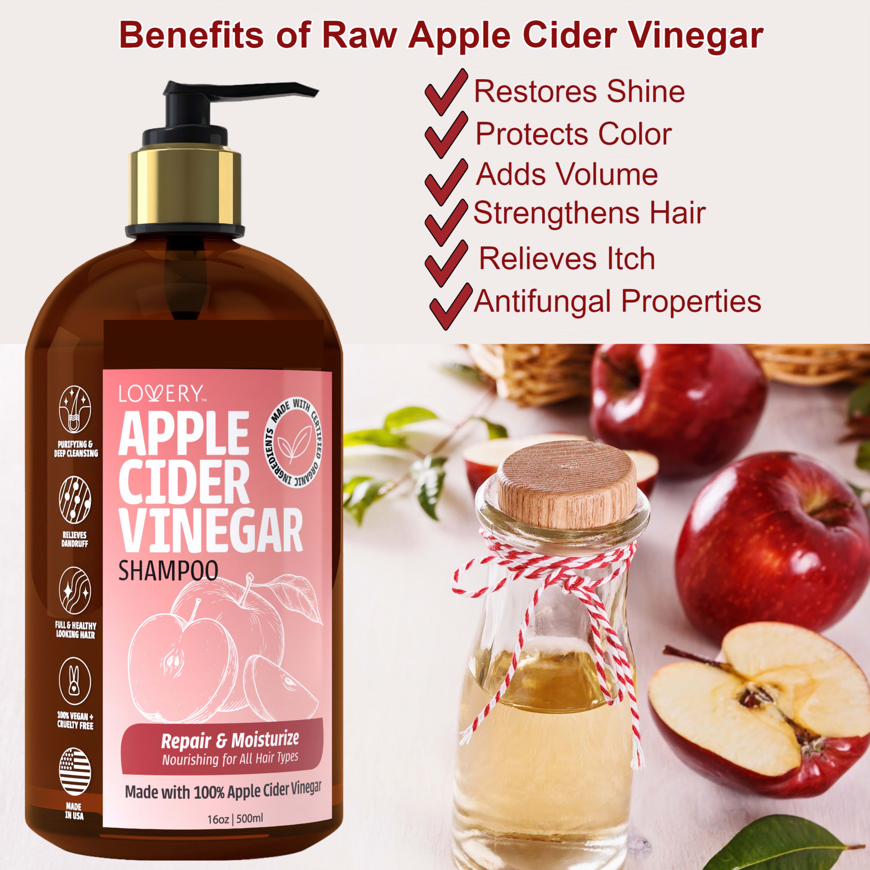 Apple Cider Vinegar Shampoo, Made in USA, 16 oz.
