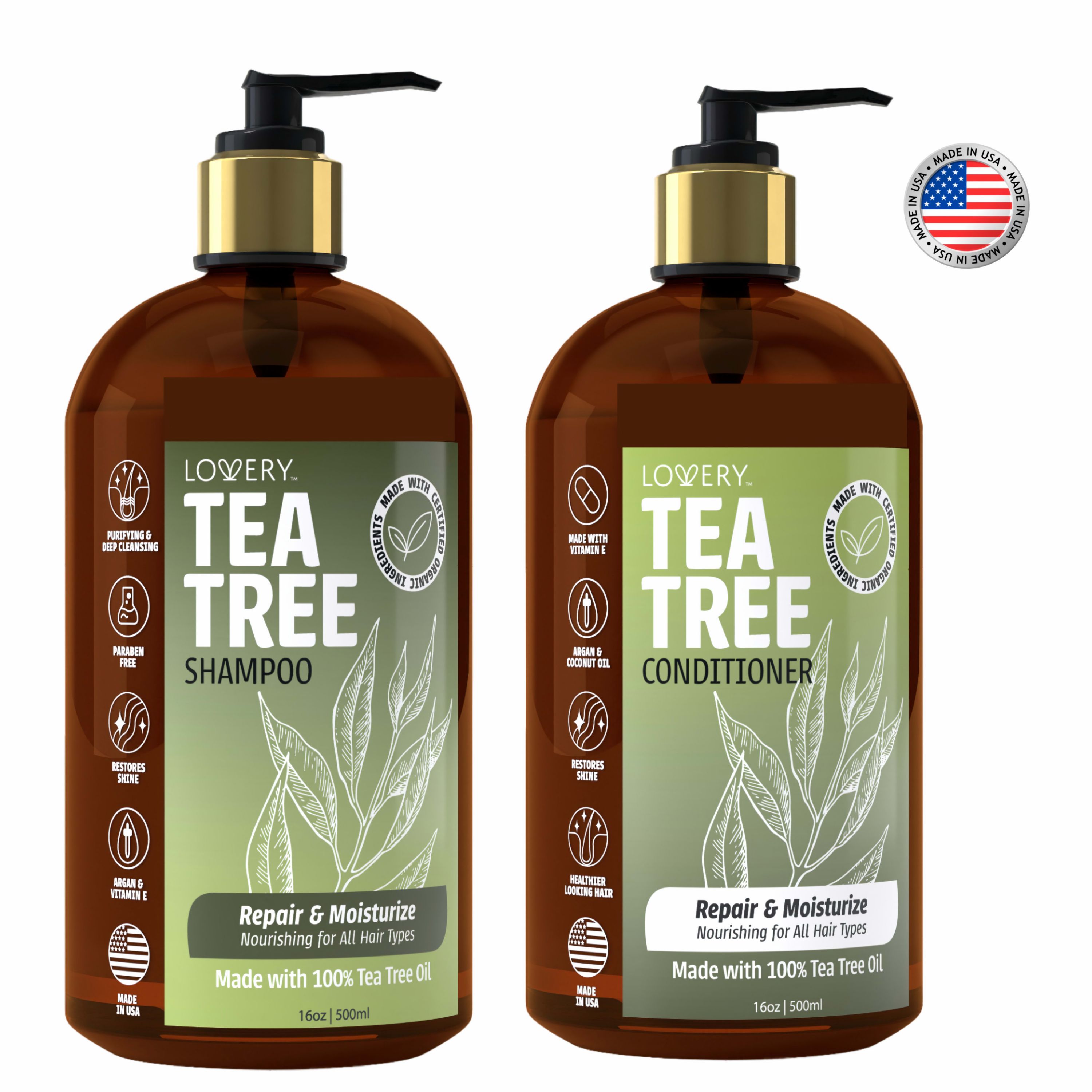 Tea Tree Shampoo and Conditioner Gift Set, Made in USA, 32 oz.