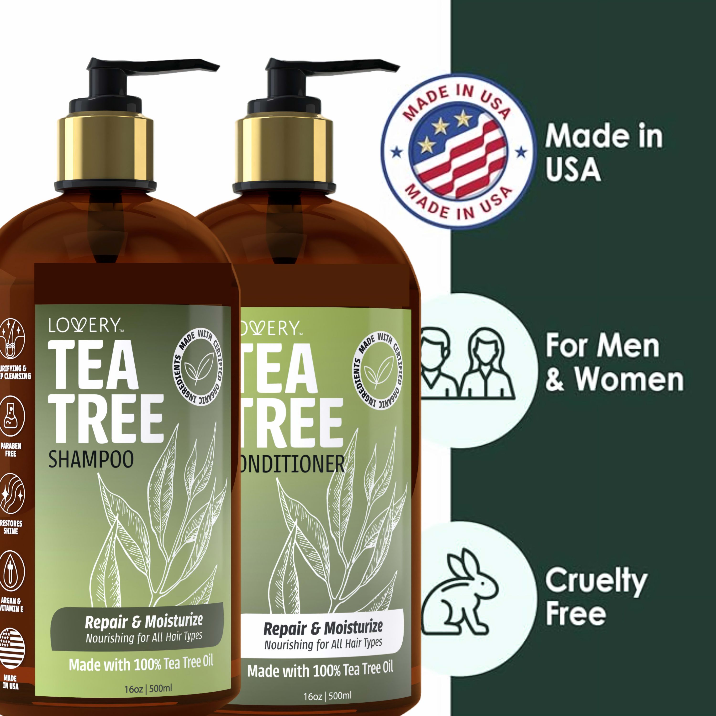Tea Tree Shampoo and Conditioner Gift Set, Made in USA, 32 oz.