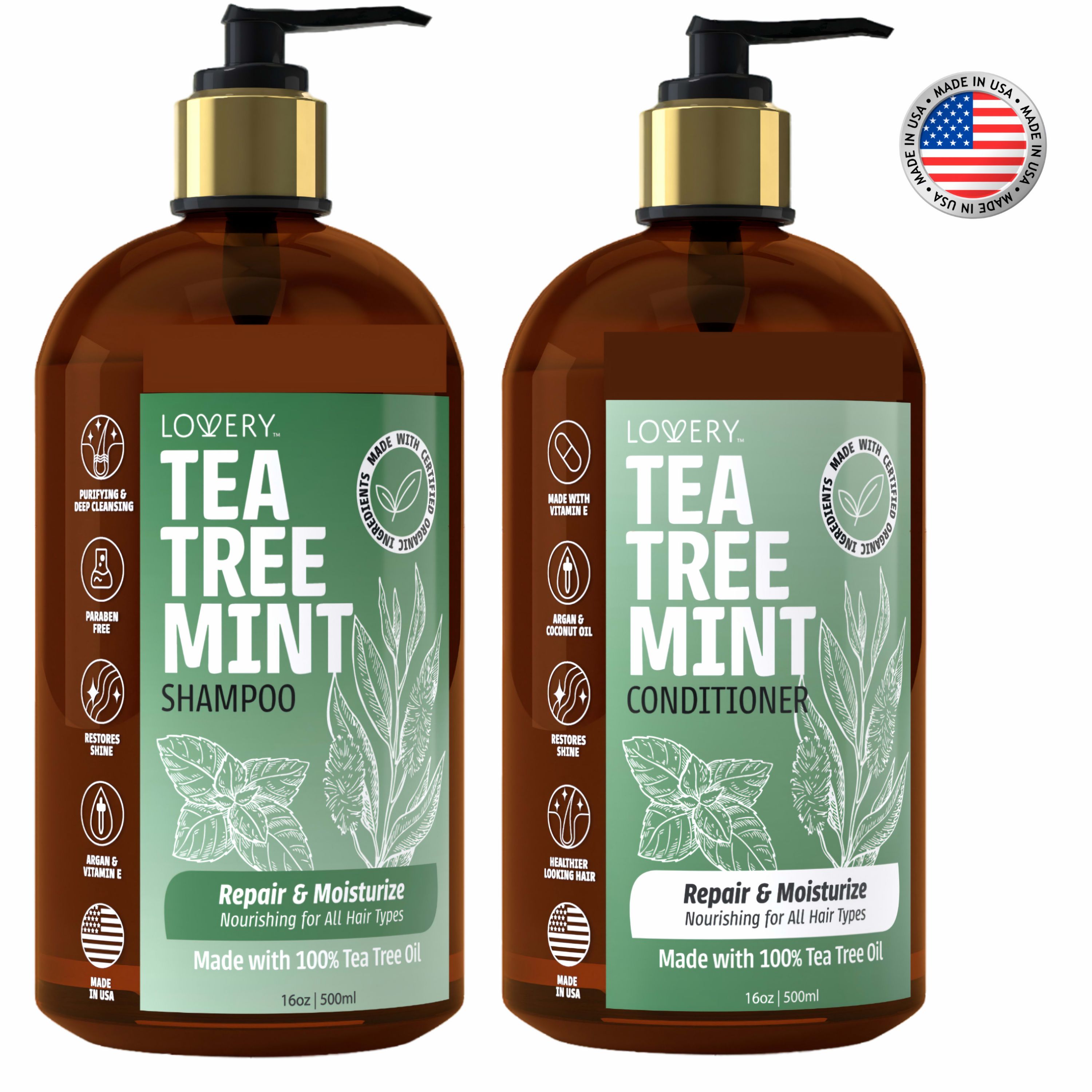 Tea Tree Mint Shampoo and Conditioner Gift Set, Made in USA, 32 oz.