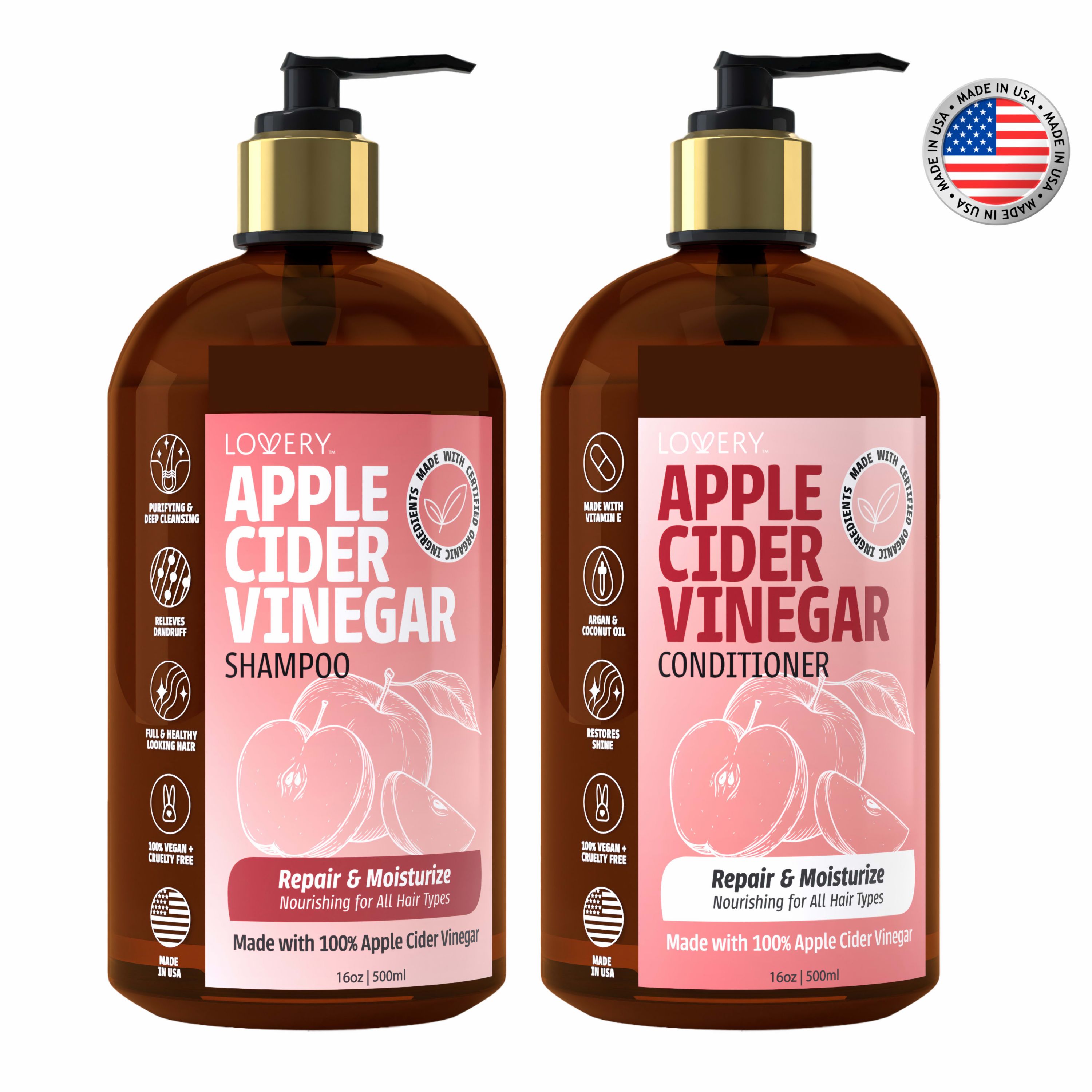 Apple Cider Vinegar Shampoo and Conditioner Gift Set, Made in USA, 32 oz.