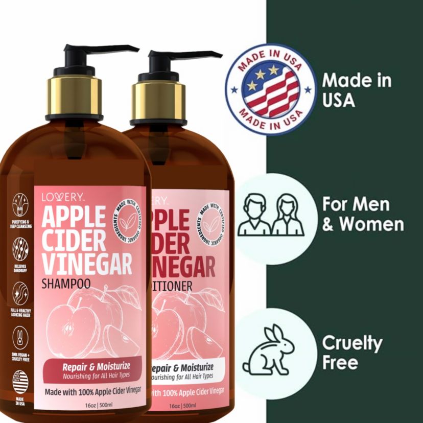 Apple Cider Vinegar Shampoo and Conditioner Gift Set, Made in USA, 32 oz.