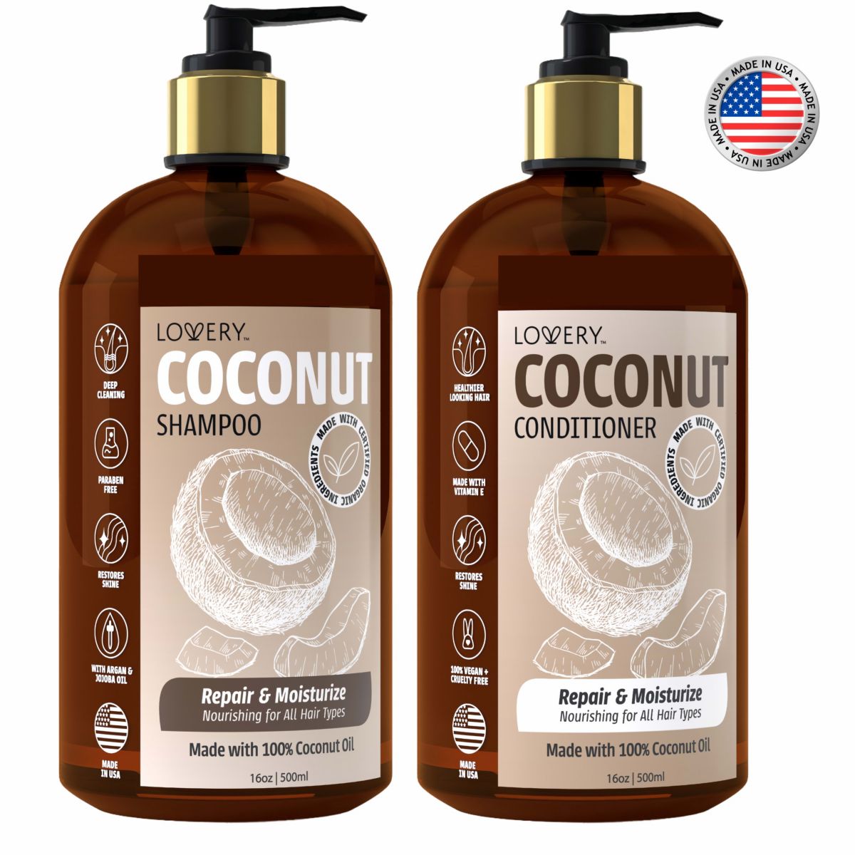 Coconut Shampoo and Conditioner Gift Set, Made in USA, 32 oz.