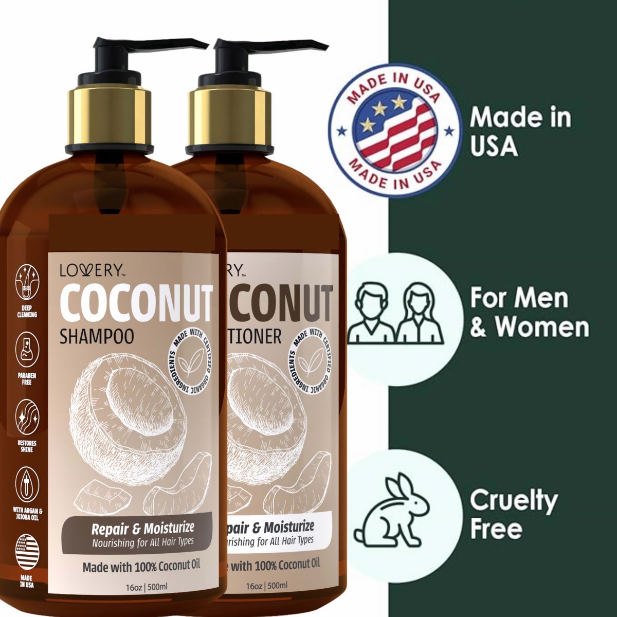 Coconut Shampoo and Conditioner Gift Set, Made in USA, 32 oz.