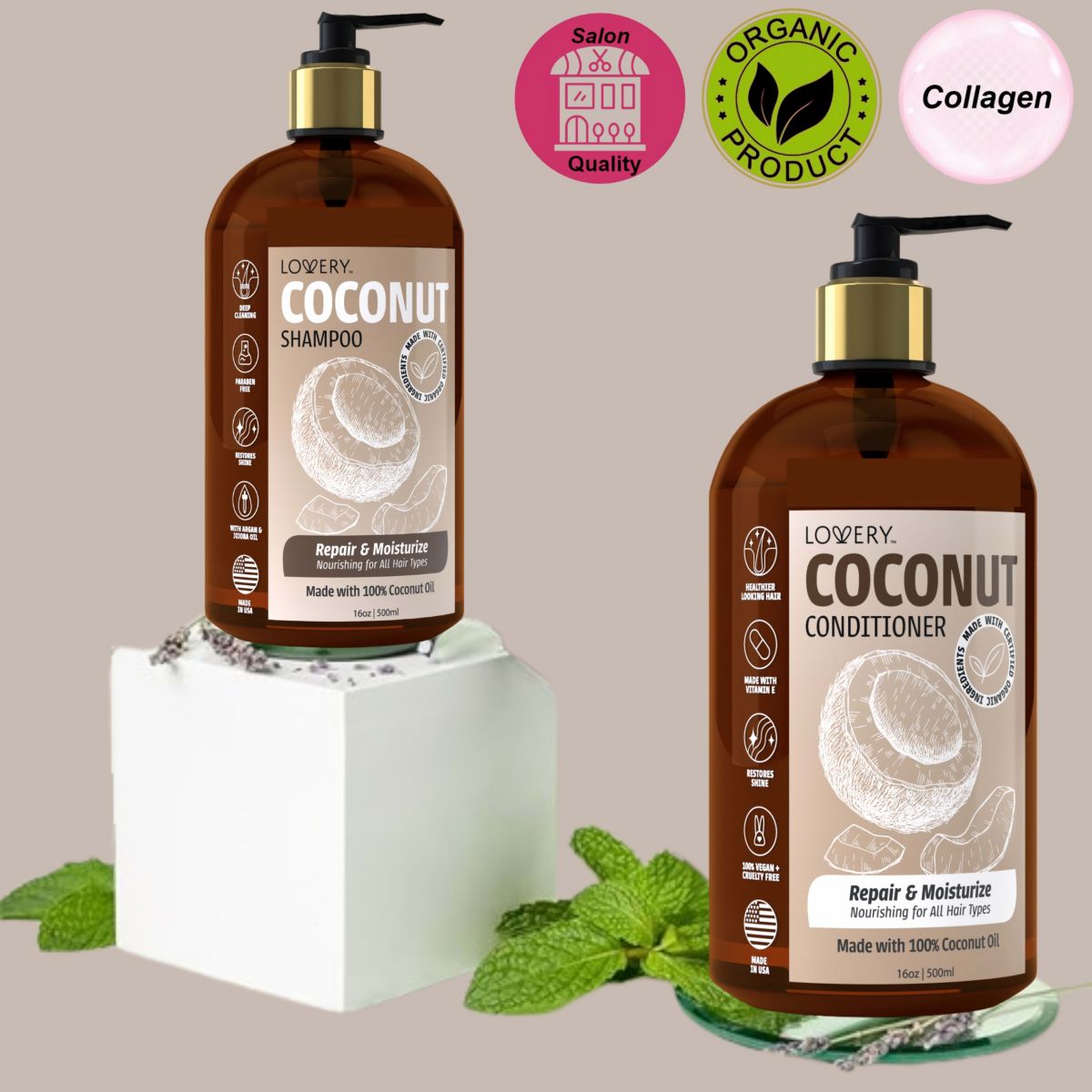 Coconut Shampoo and Conditioner Gift Set, Made in USA, 32 oz.