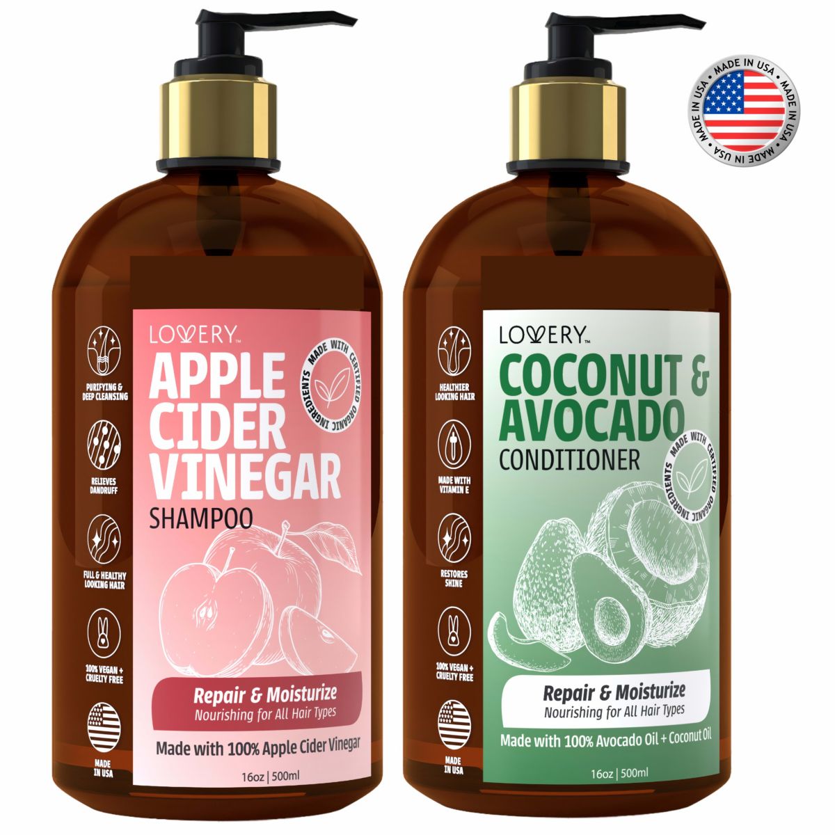 Apple Cider Vinegar Shampoo and Coconut Avocado Conditioner Set, Made in USA, 16 oz.