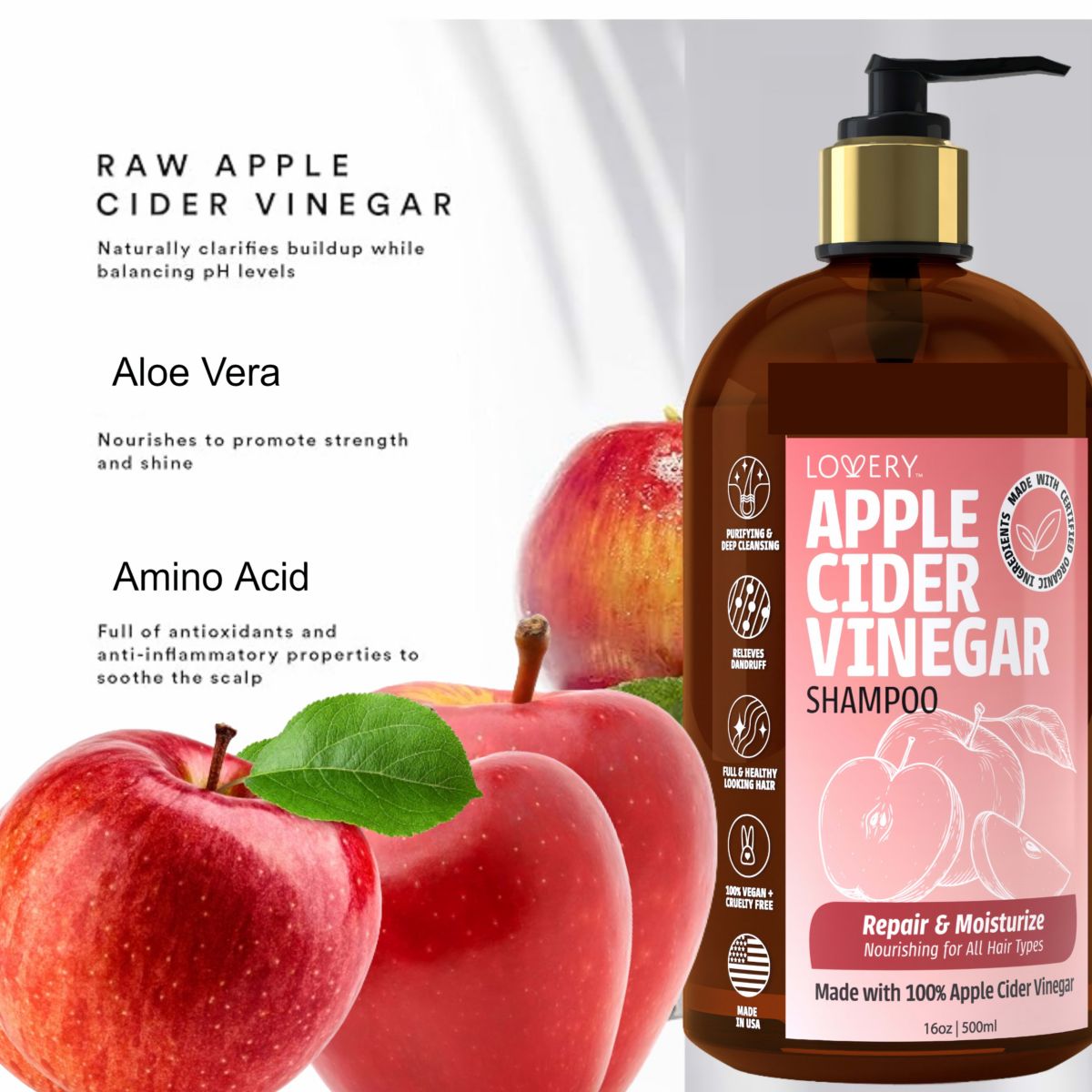 Apple Cider Vinegar Shampoo and Coconut Avocado Conditioner Set, Made in USA, 16 oz.