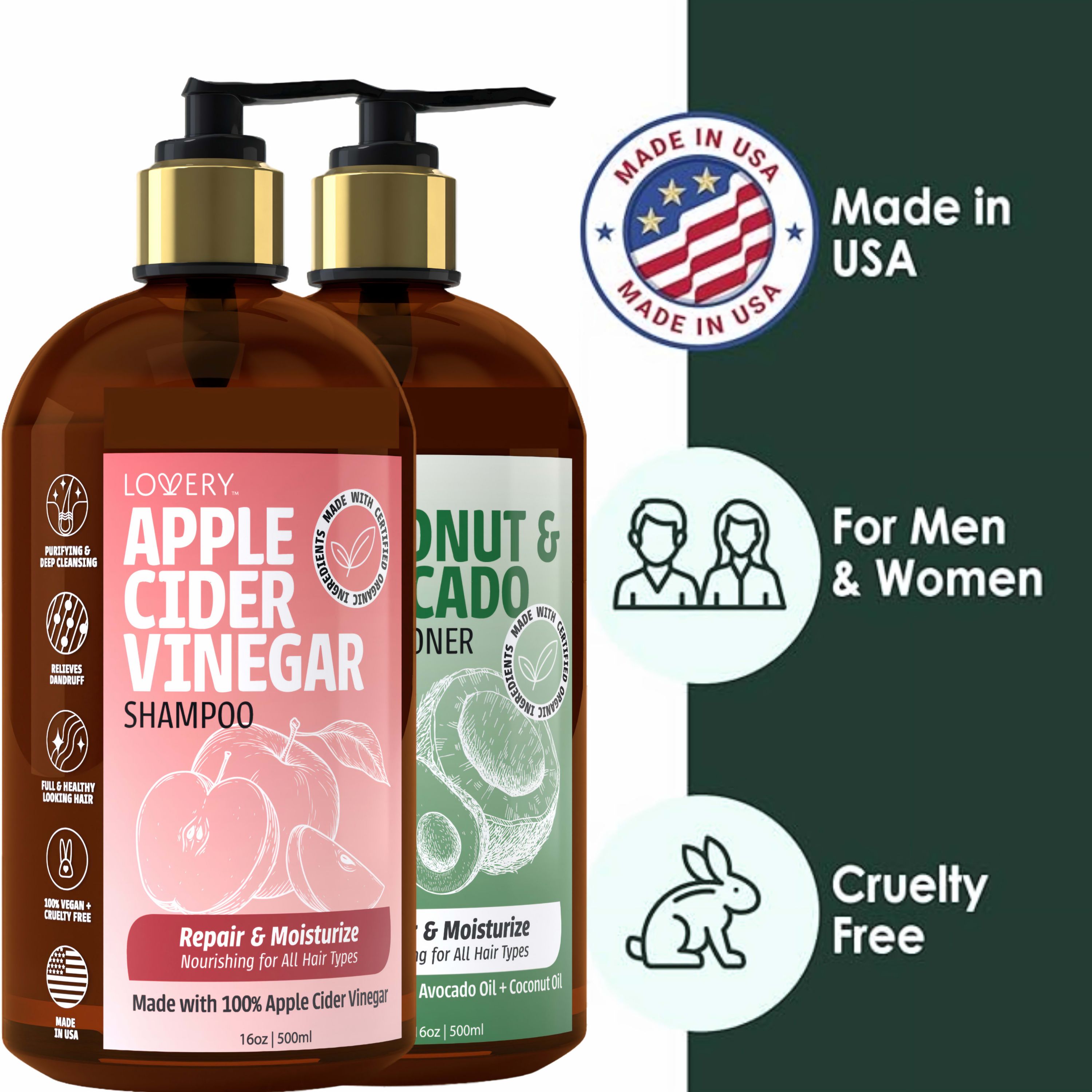 Apple Cider Vinegar Shampoo and Coconut Avocado Conditioner Set, Made in USA, 16oz.
