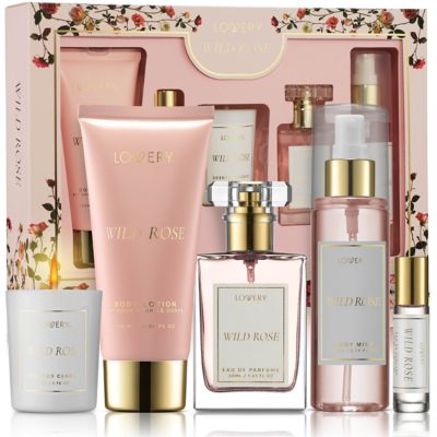 Lovery Wild Rose Bath and Body Care Fragrance Set, Luxury Gift Set with Soy Candle and more, White