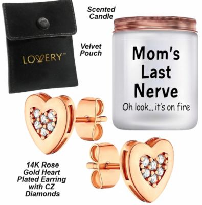 Mothers Day 14K Gold Plated Heart Earring with Pouch & Last Nerve Soy Candle