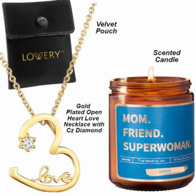 Mothes Day 14K Gold Plated Open Heart Pendant Love Necklace with Pouch & Superwoman Soy Candle