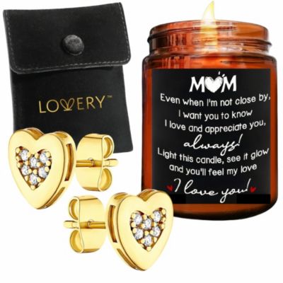 Mothers Day 14K Gold Plated Heart Earring with Pouch & MOM love Candle