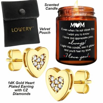 Mothers Day 14K Gold Plated Heart Earring with Pouch & MOM love Candle