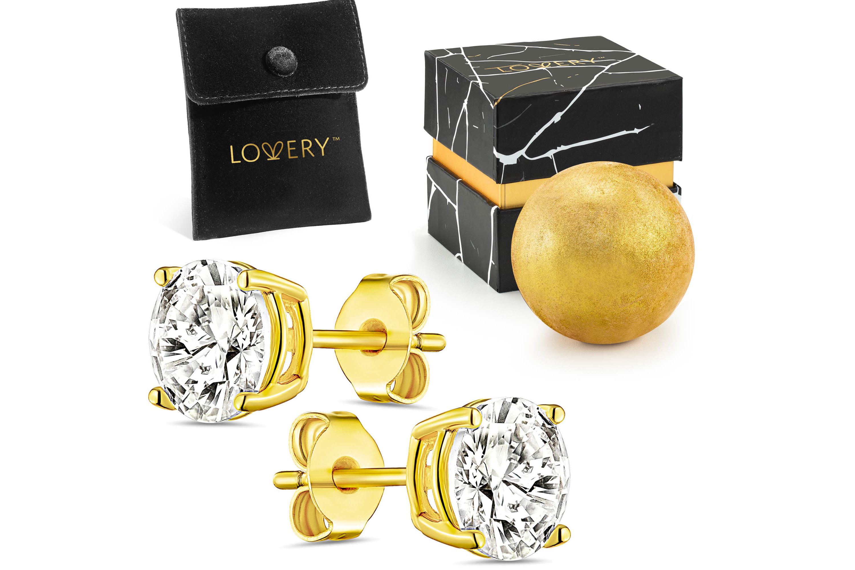 14K Gold Plated Solitaire CZ Stone Earring with Pouch, Bath Bomb & Gift Box