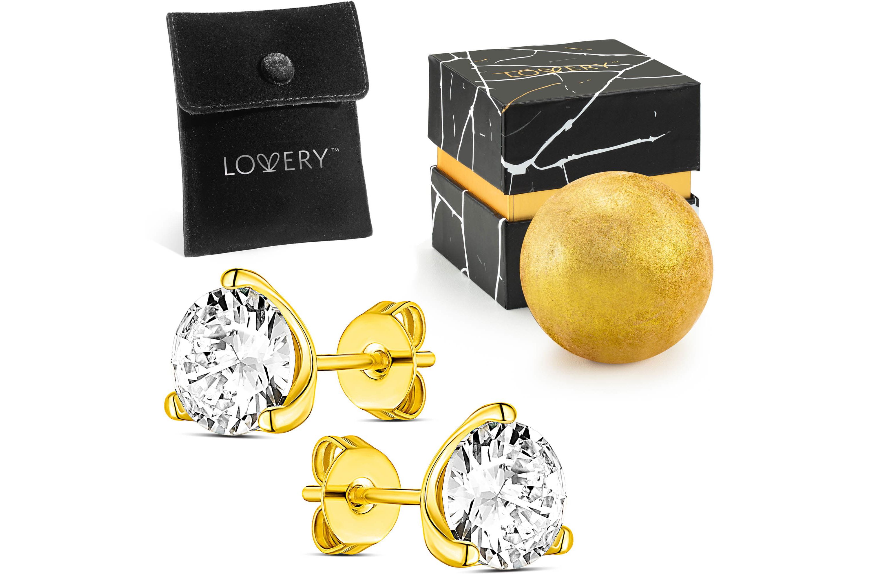 14K Gold Plated 3 Prong Solitaire Earring with Pouch, Bath Bomb & Gift Box