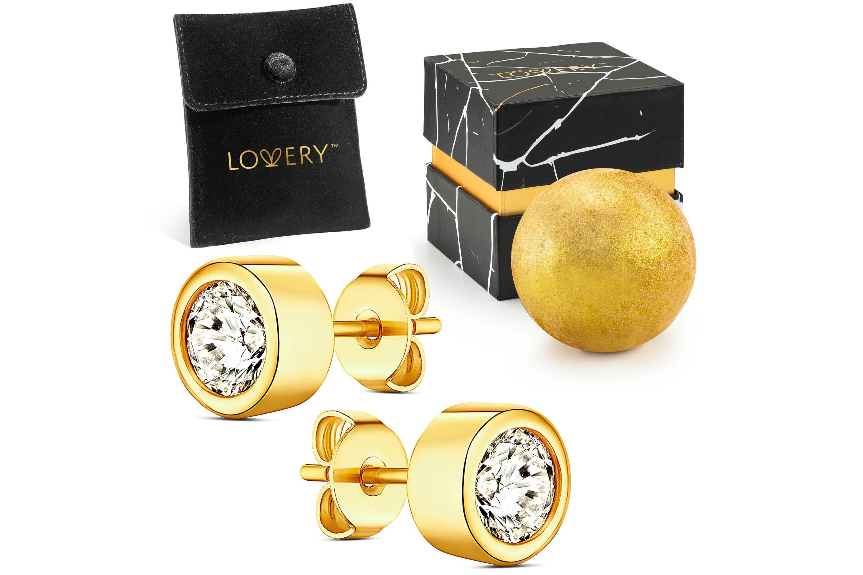 14K Gold Plated Bezel Synthetic Diamond Earring with Pouch, Bath Bomb & Gift Box