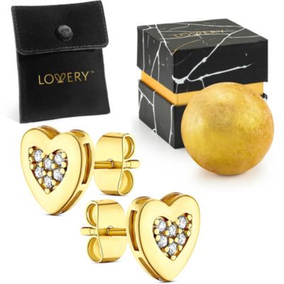 14K Gold Plated Heart Earring with CZ Stones, Pouch, Bath Bomb & Gift Box