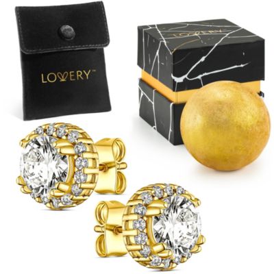 Lovery 14K Gold Plated Halo CZ Stud Earring with Pouch, Bath Bomb & Gift Box