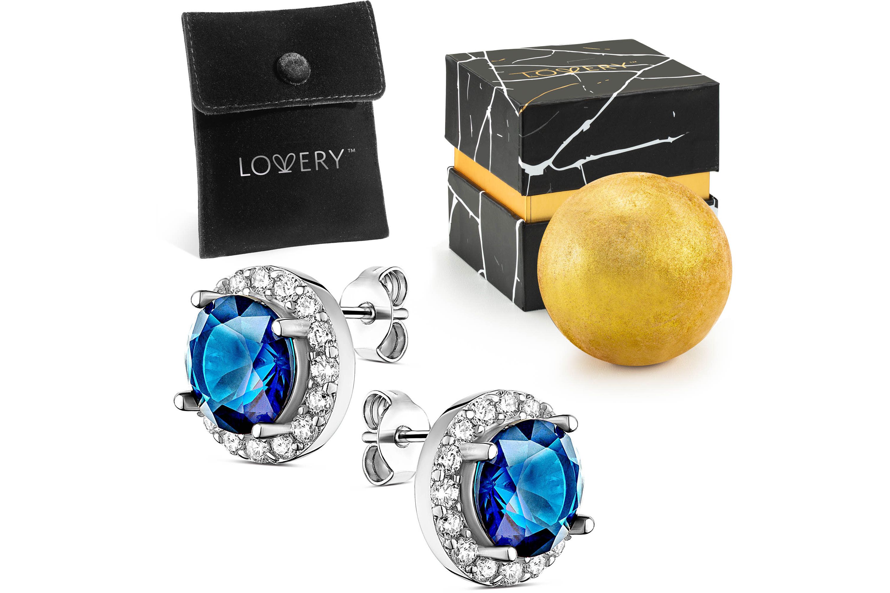 Sterling Silver Saphire Stud Earring  with Pouch, Bath Bomb & Gift Box