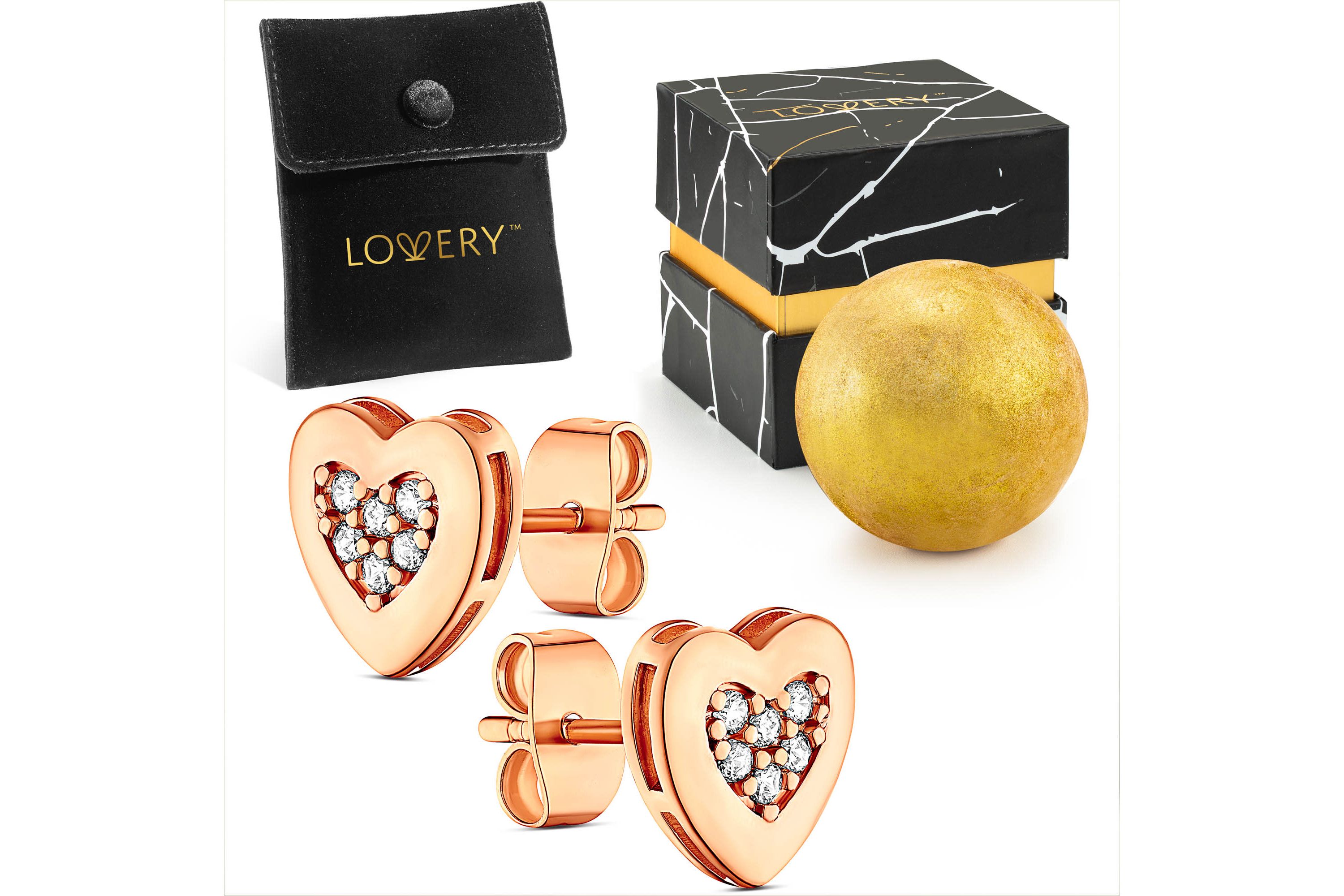 14K Rose Gold Plated Heart Earring with CZ Stones, Pouch, Bath Bomb & Gift Box