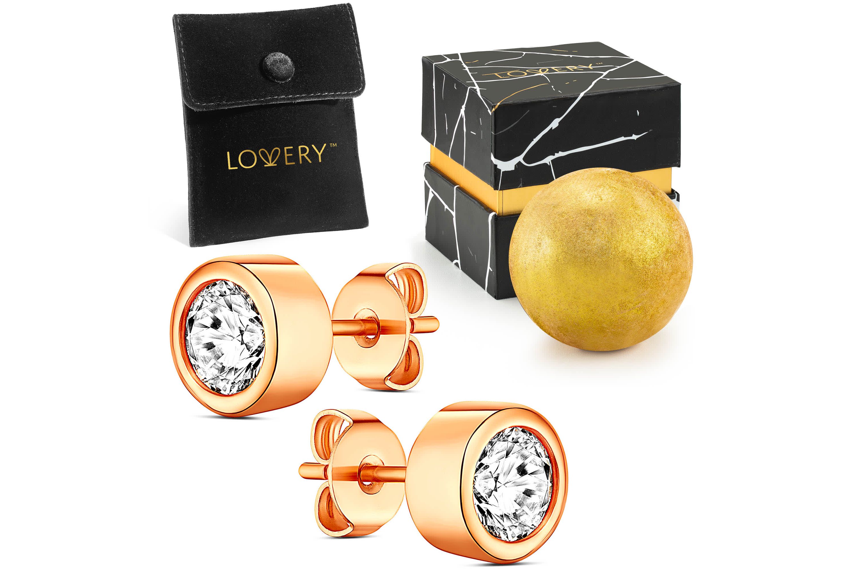 14K Rose Gold Plated Bezel Synthetic Diamond Earring with Pouch, Bath Bomb & Gift Box