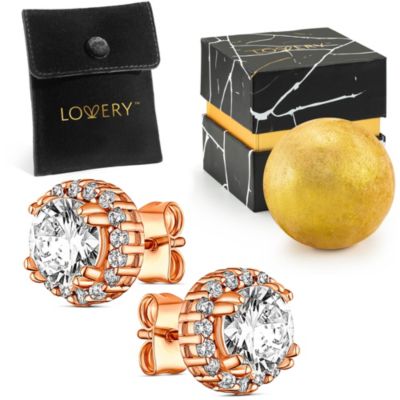 Lovery 14K Rose Gold Plated Halo CZ Stud Earring with Pouch, Bath Bomb & Gift Box