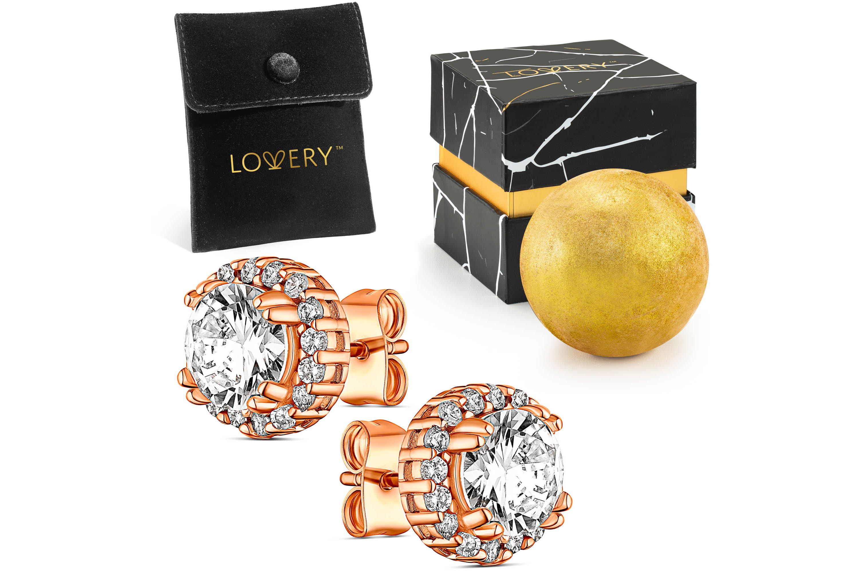 14K Rose Gold Plated Halo CZ Stud Earring with Pouch, Bath Bomb & Gift Box