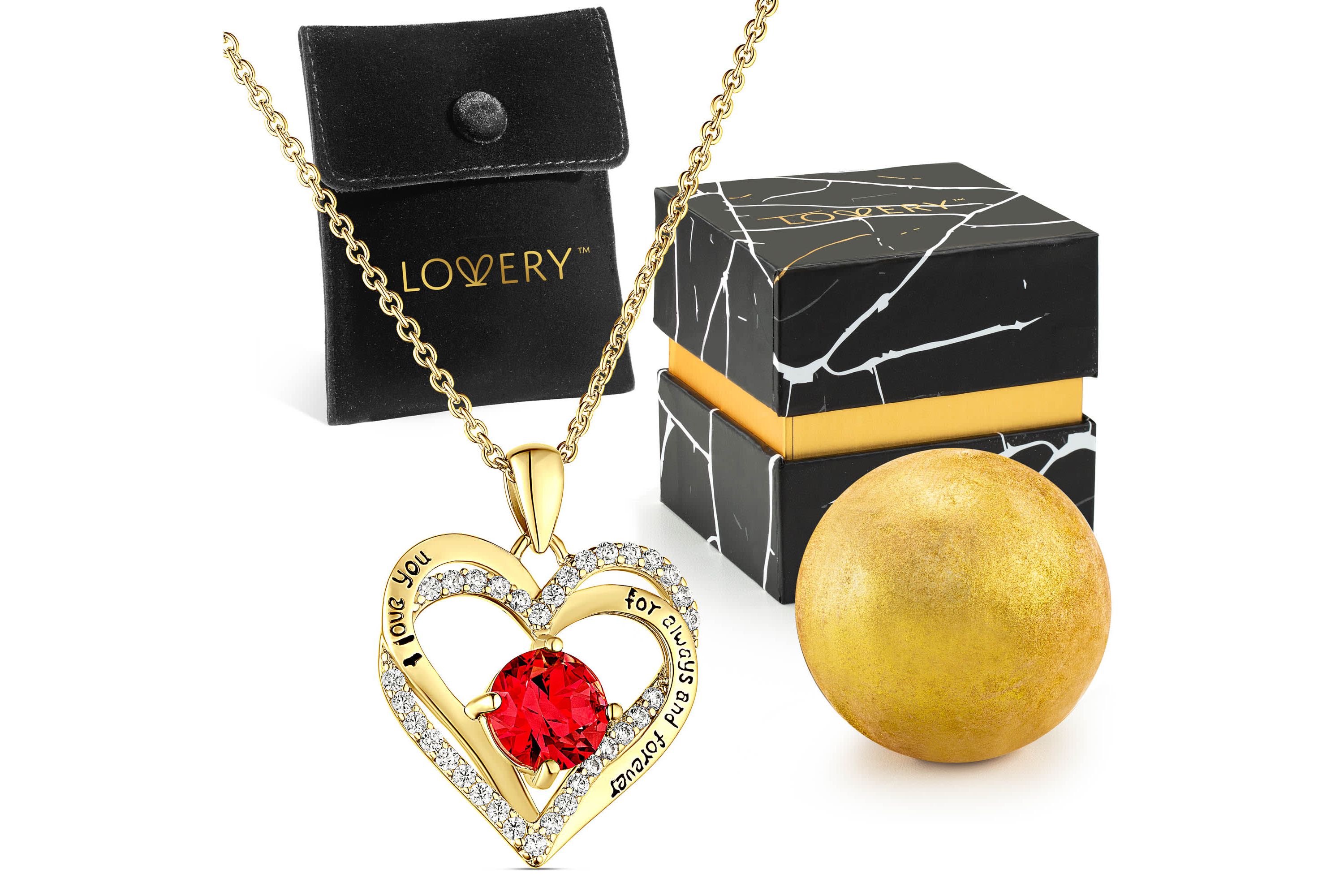 14K Gold Plated Double Heart Ruby & CZ Pendant  & Necklace with Pouch, Bath Bomb & Gift Box