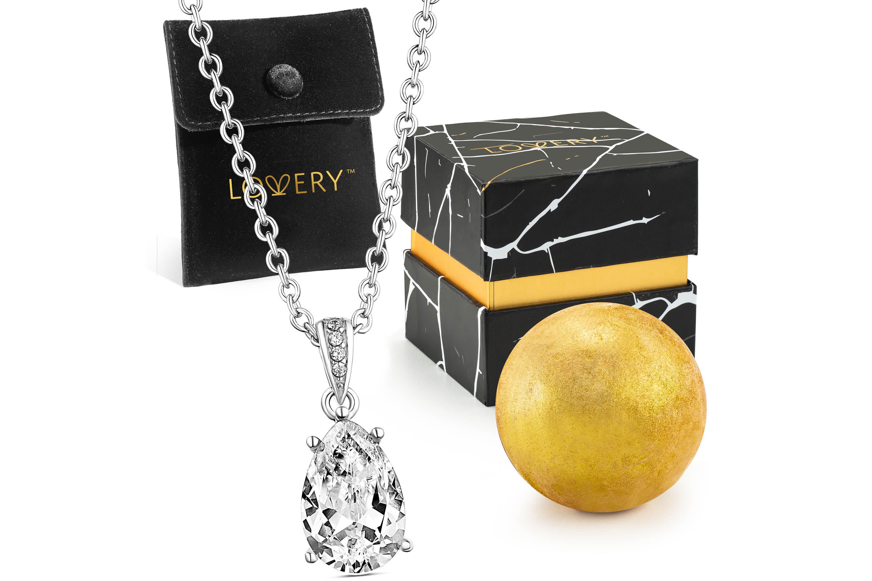 Sterling Silver Tear Drop Shaped CZ Stone Pendant with Chain, Pouch, Bath Bomb & Gift Box