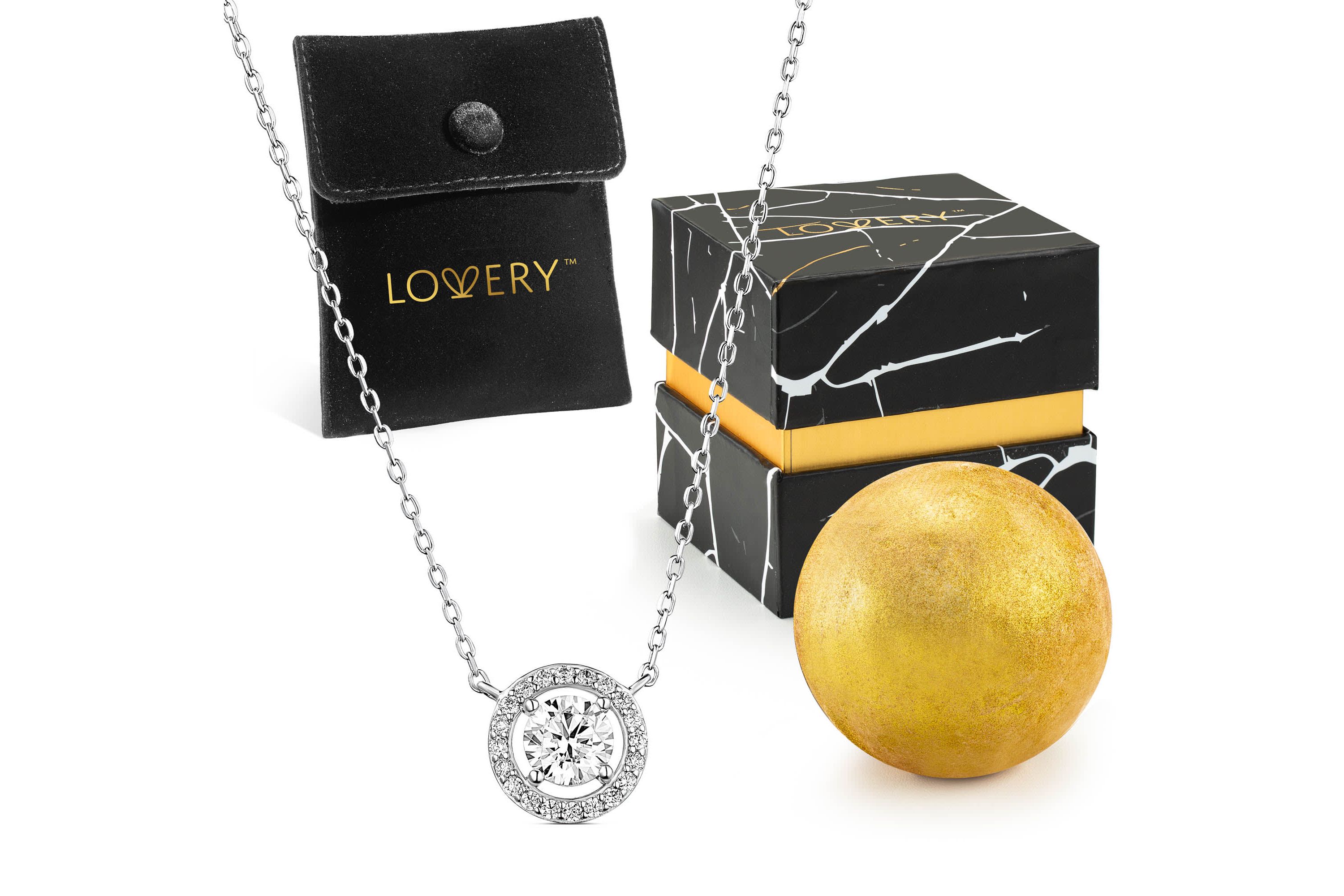 Sterling Silver Synthetic Diamonds Halo Necklace with Pouch, Bath Bomb & Gift Box