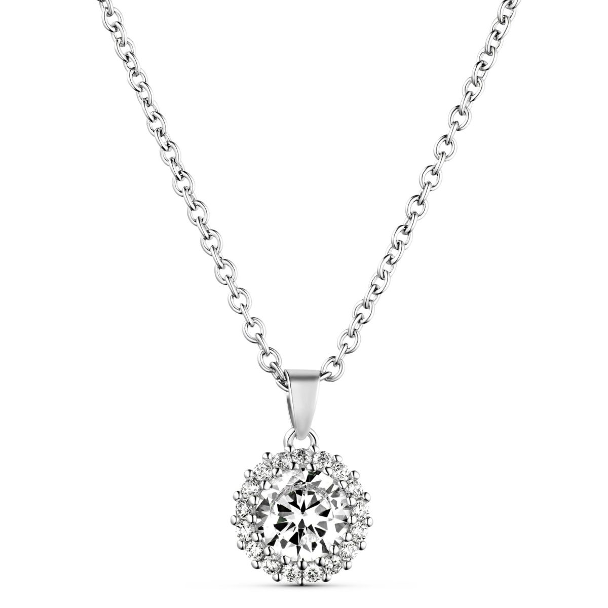 Sterling Silver Halo Solitaire CZ Stone Pendant with Necklace Chain, Pouch, Bath Bomb & Gift Box