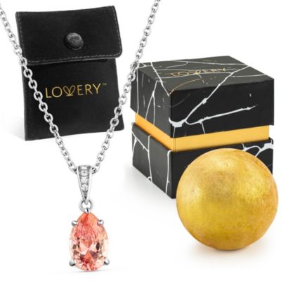 Sterling Silver Necklace with Peach Tear Drop Pendant, Pouch, Bath Bomb & Gift Box