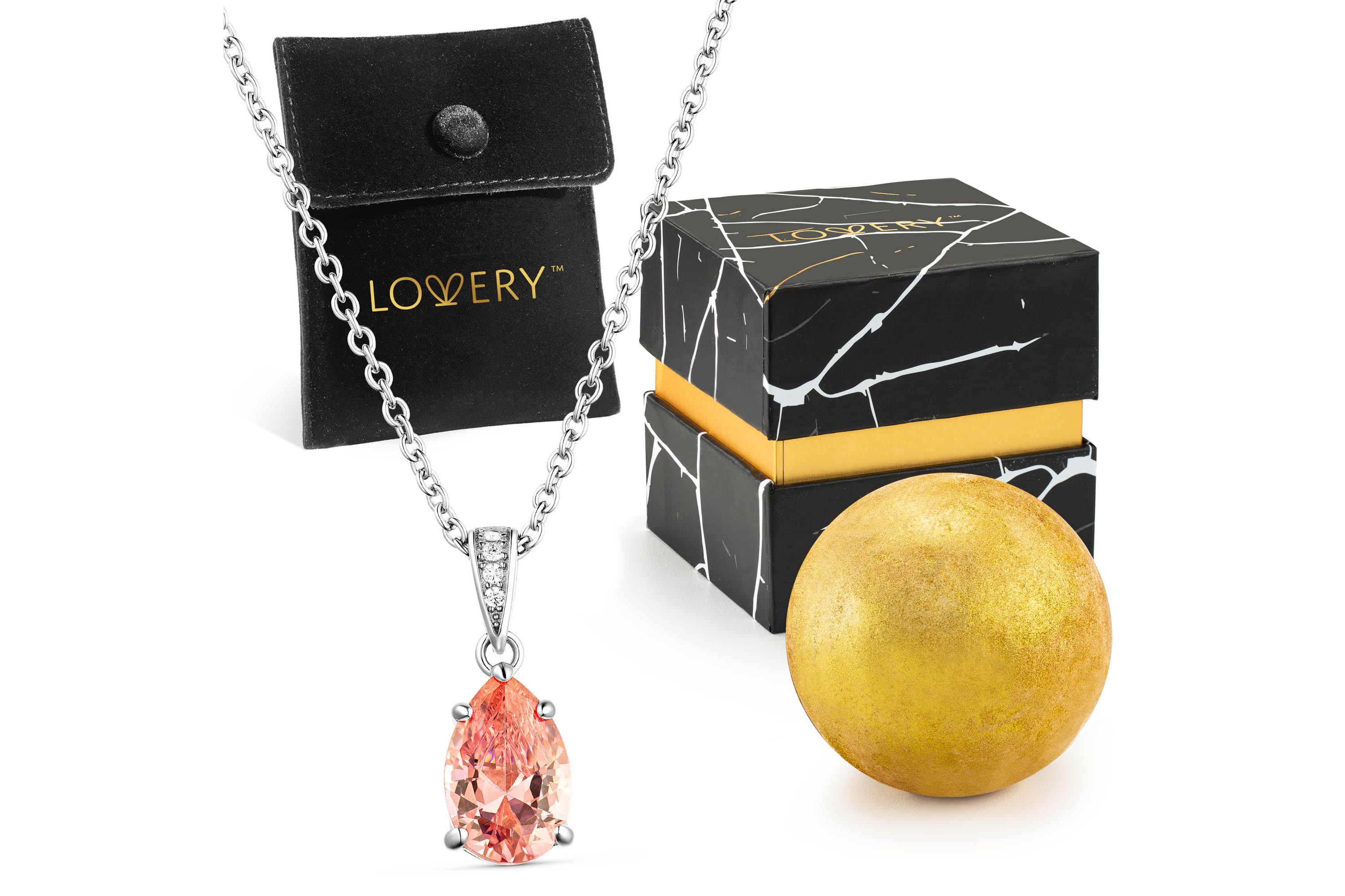 Sterling Silver Necklace with Peach Tear Drop Pendant, Pouch, Bath Bomb & Gift Box