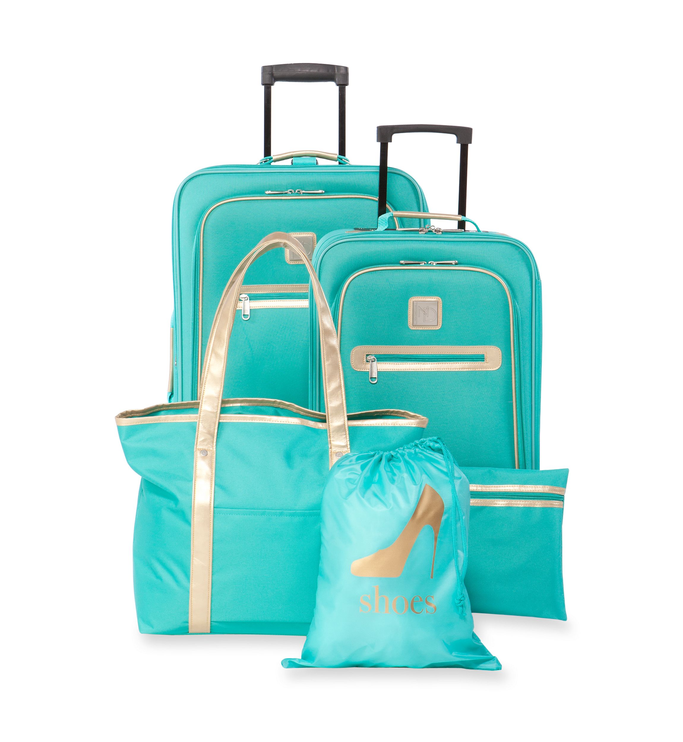 5-Piece Turquoise with Gold Trim Luggage Set