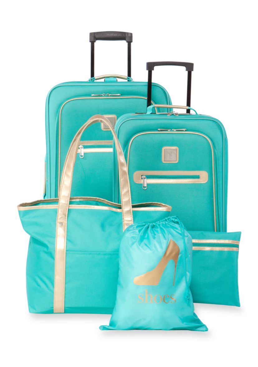 5-Piece Turquoise with Gold Trim Luggage Set