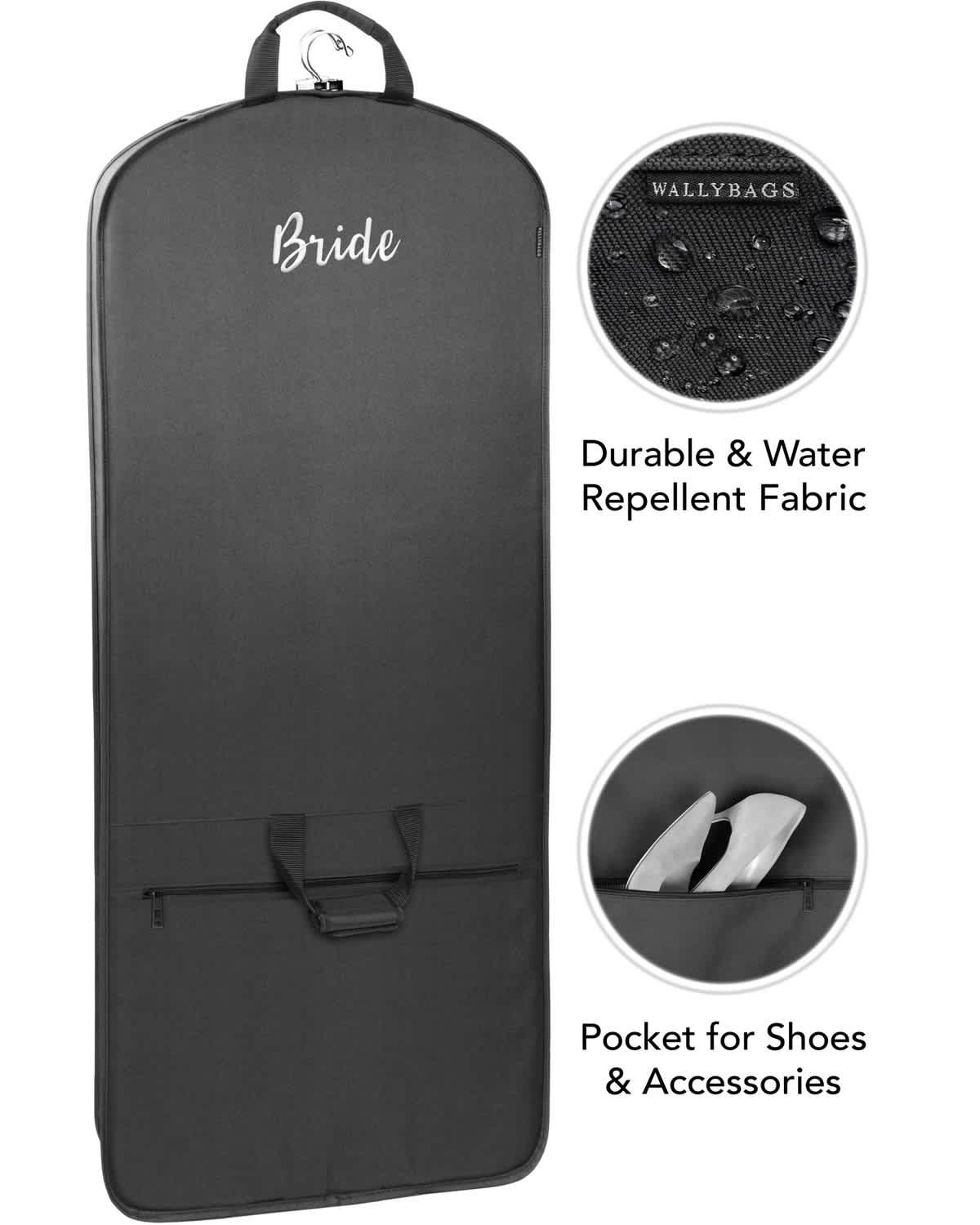 60” Premium Tri-Fold Travel Garment Bag with exterior pocket and Bride embroidery