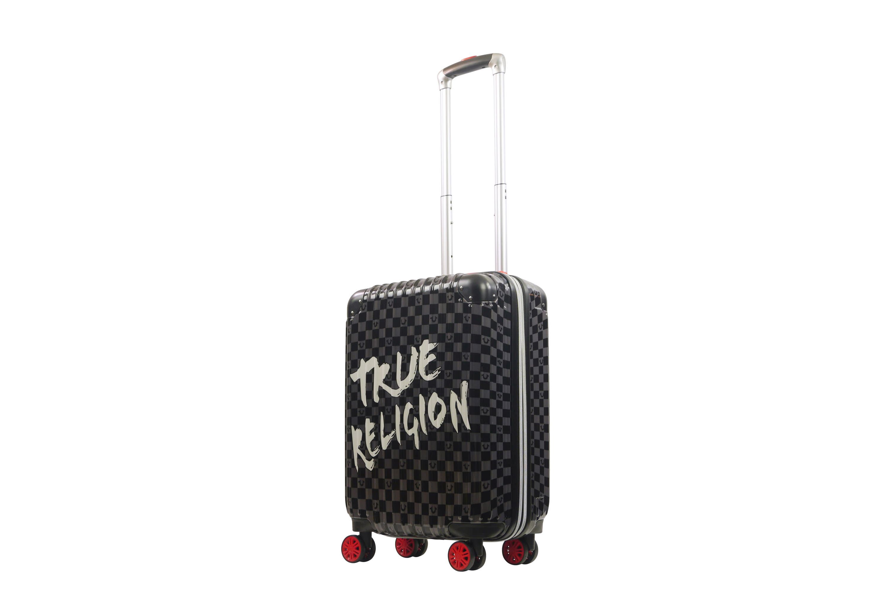 True Religion 22.5" Hardcase Checkered carry-on with big logo.