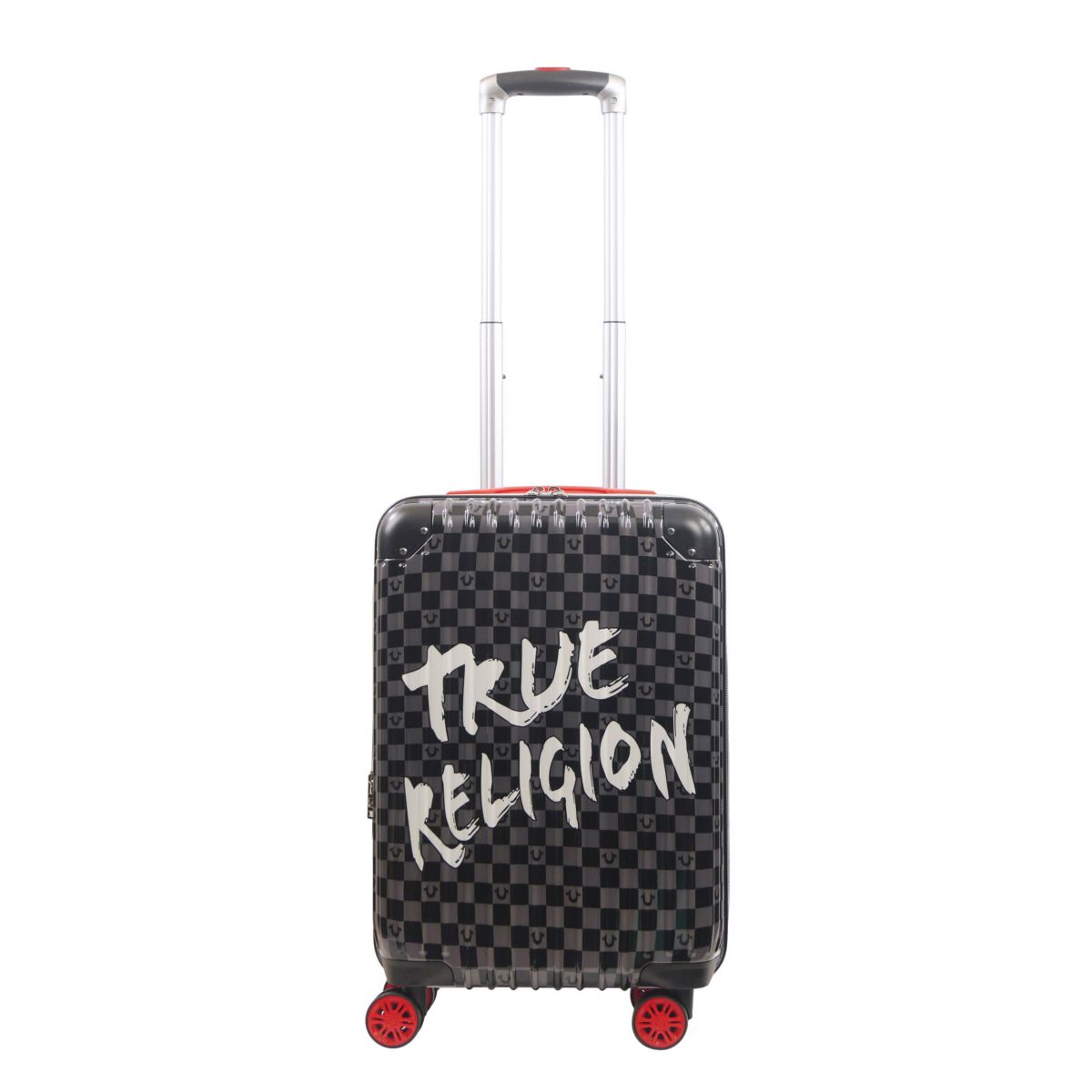 True Religion 22.5" Hardcase Checkered carry-on with big logo.
