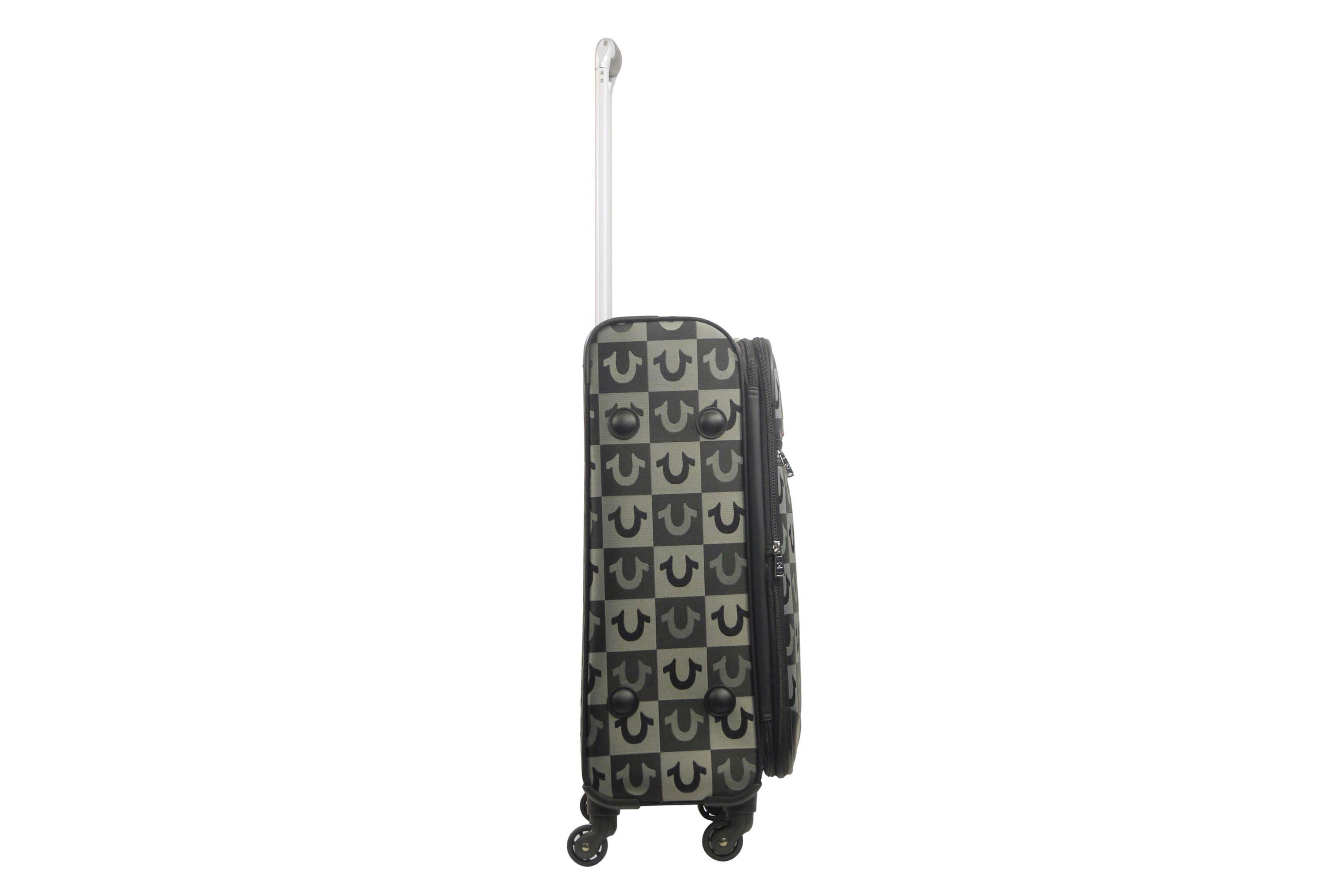 True Religion 22.5" Hardcase Checkered carry-on with big logo.
