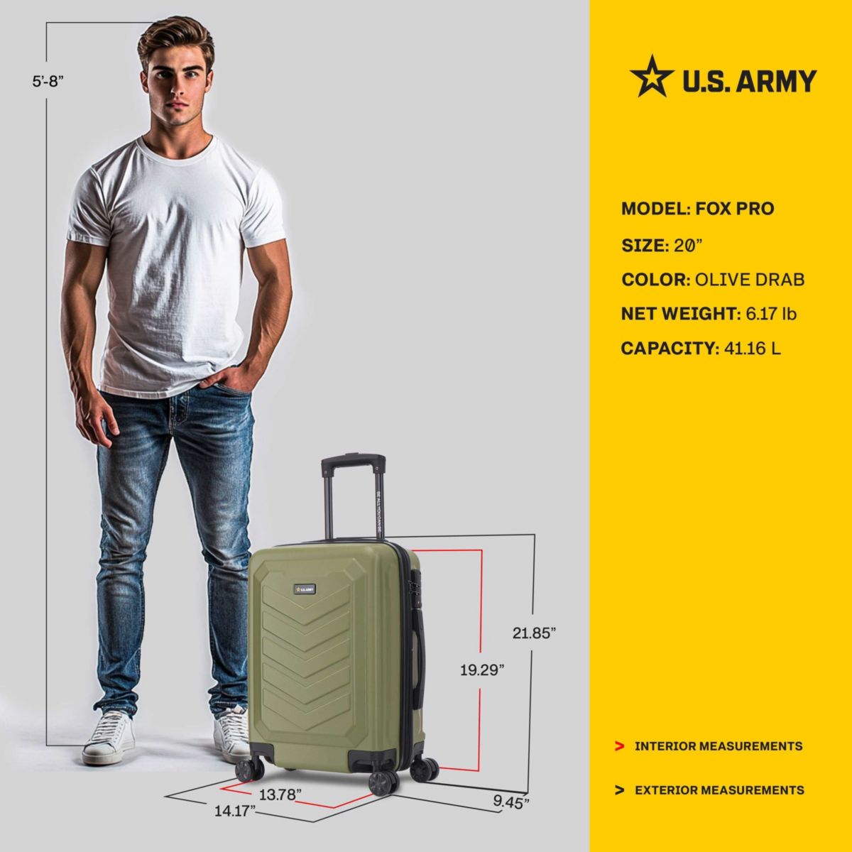 U.S. ARMY FOX PRO  20 Expandable Carry-On Suitcase with TSA Lock Olive Drab
