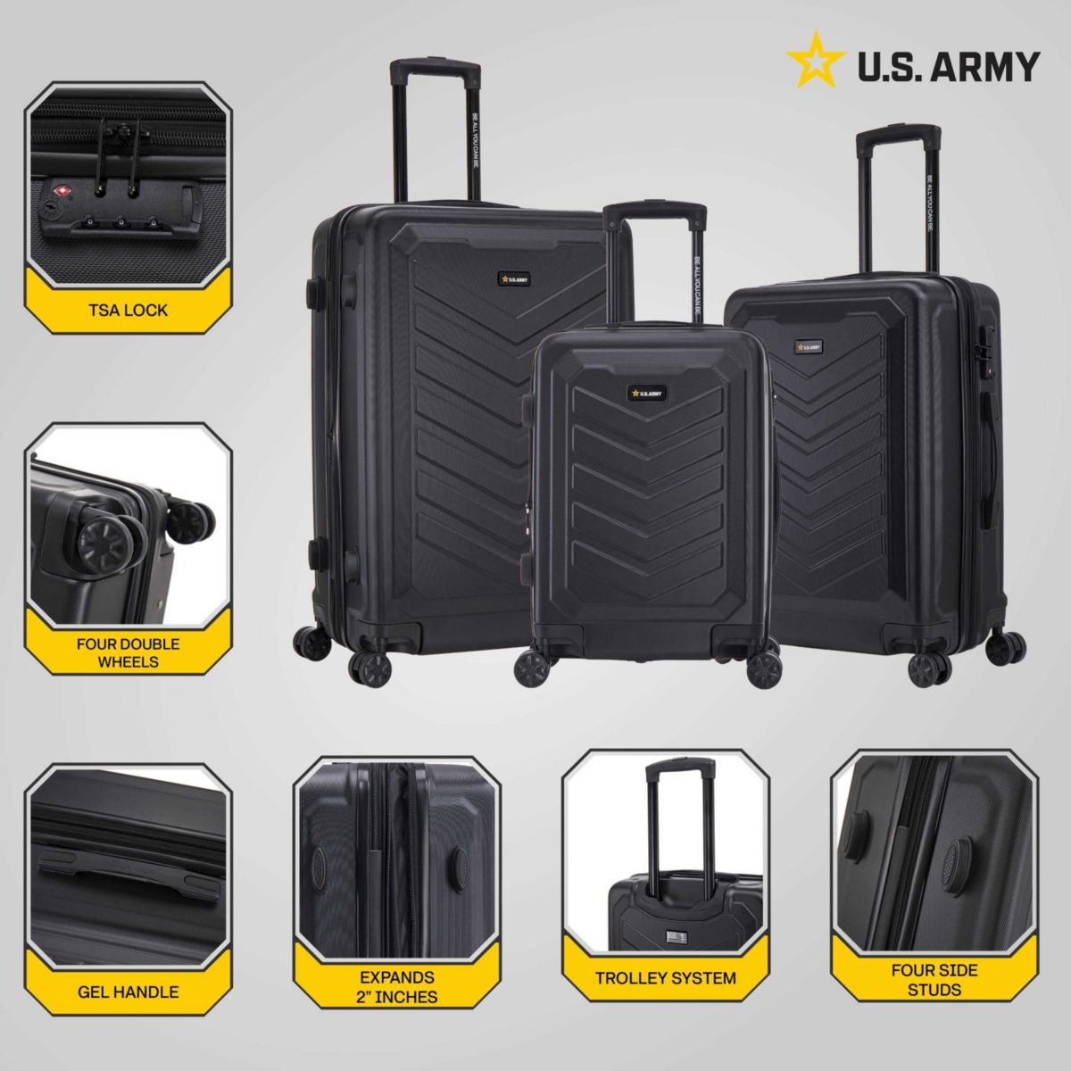 U.S. Army FOX PRO 3-piece Luggage Set 20"/24"/28" Expandable Suitcases with TSA Lock Olive Drab