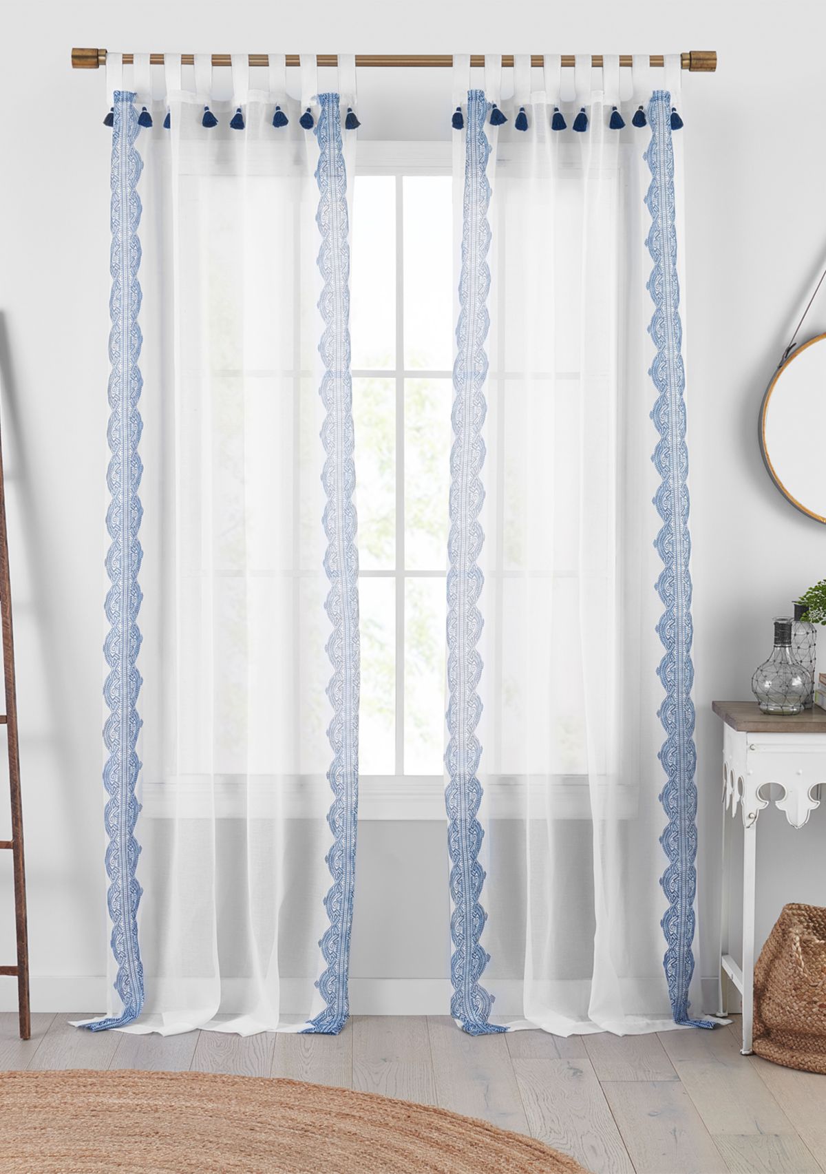 Shilo Boho Sheer Tab Top Window Curtain Panel with Tassels